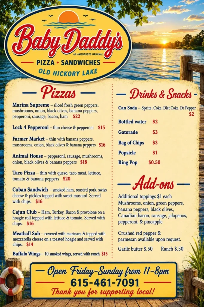 Baby Daddy's Pizza menu list
